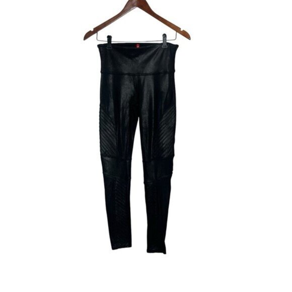 Spanx Women's Size Medium Metallic Faux Leather High Waist Black Moto Leggings - Picture 2 of 13
